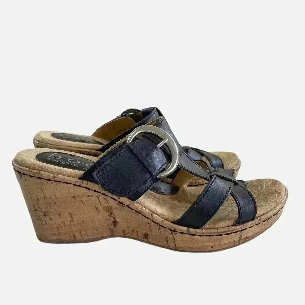 BOC Born Concepts Women’s Black Cork Leather Wedge Buckle Sandals Size 6 / 36.5